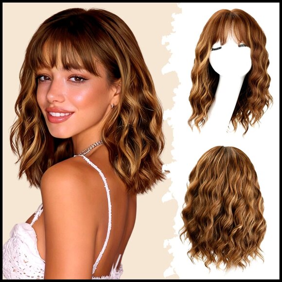 Wavy Bob Wig with Bangs Synthetic Heat Resistant Natural Looking Shoulder Length